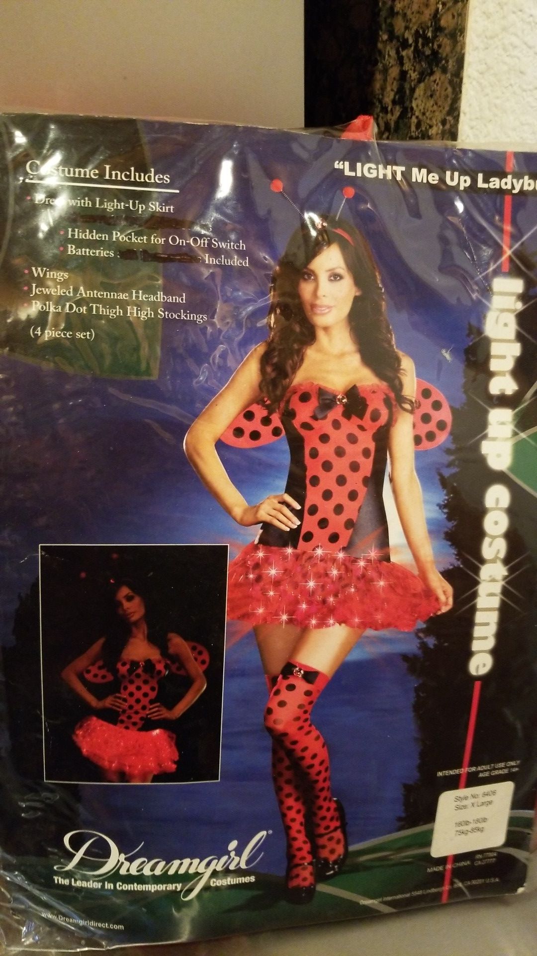 Light me up lady bug women's Halloween costume size extra large, 4P set New