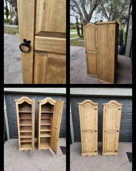 Two Pine Wardrobe Cabinet modified to have shelves
69.5"T X 22"W X18"Deep
Each $225