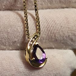 Designer $600 1ct Natural Pear Cut Amethyst Diamond 10k Yellow Gold Pendant