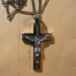Stainless Steel And Sterling Silver Cross Necklace