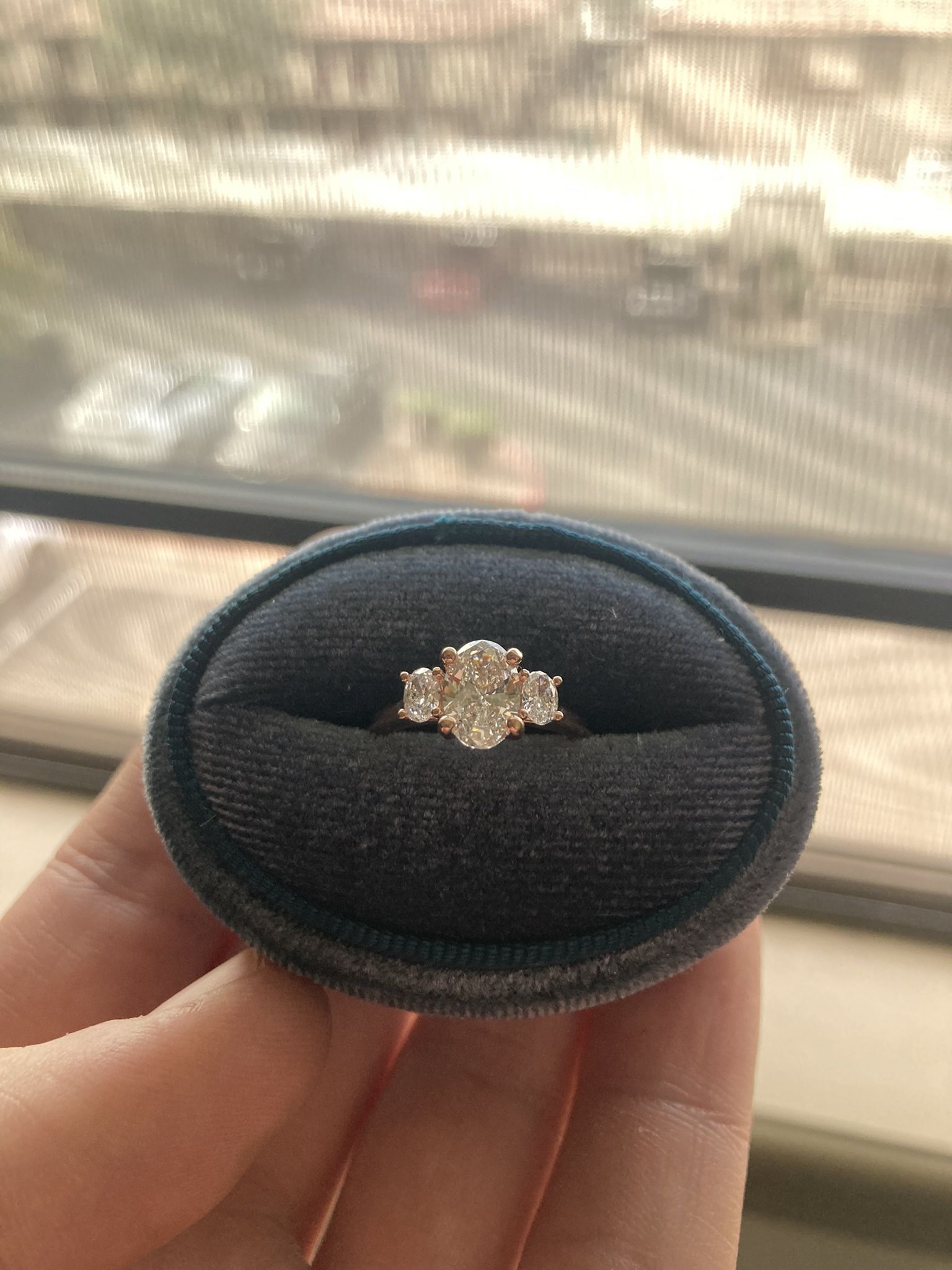 Three Stone Oval Rose Gold Engagement Ring