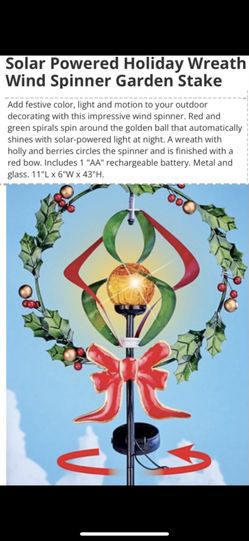 Solar Powered Holiday Wreath Wind Spinner Garden Stake