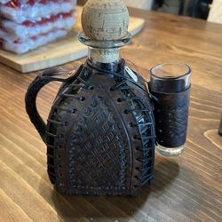 Leather-Wrapped Decorative Glass Bottle w/ Cork & Shot Glass – Artisan Style