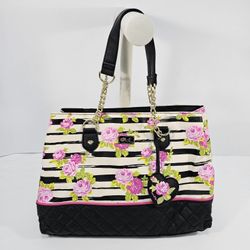 Luv Betsey by Betsey Johnson Black Floral Striped Quilted Tote Purse Heart Charm