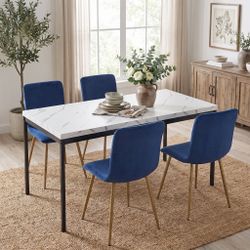Homy Casa CAJON 150+SCARGILL 5-Piece Dining Set 59" White Marble Dining Table with 4 SCARGILL Blue Fabric Chairs Open Box