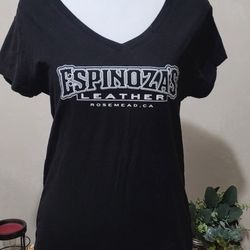NEW Women's Espinoza's Leather Company Motorcycle Black V-Neck Fitted T-Shirt