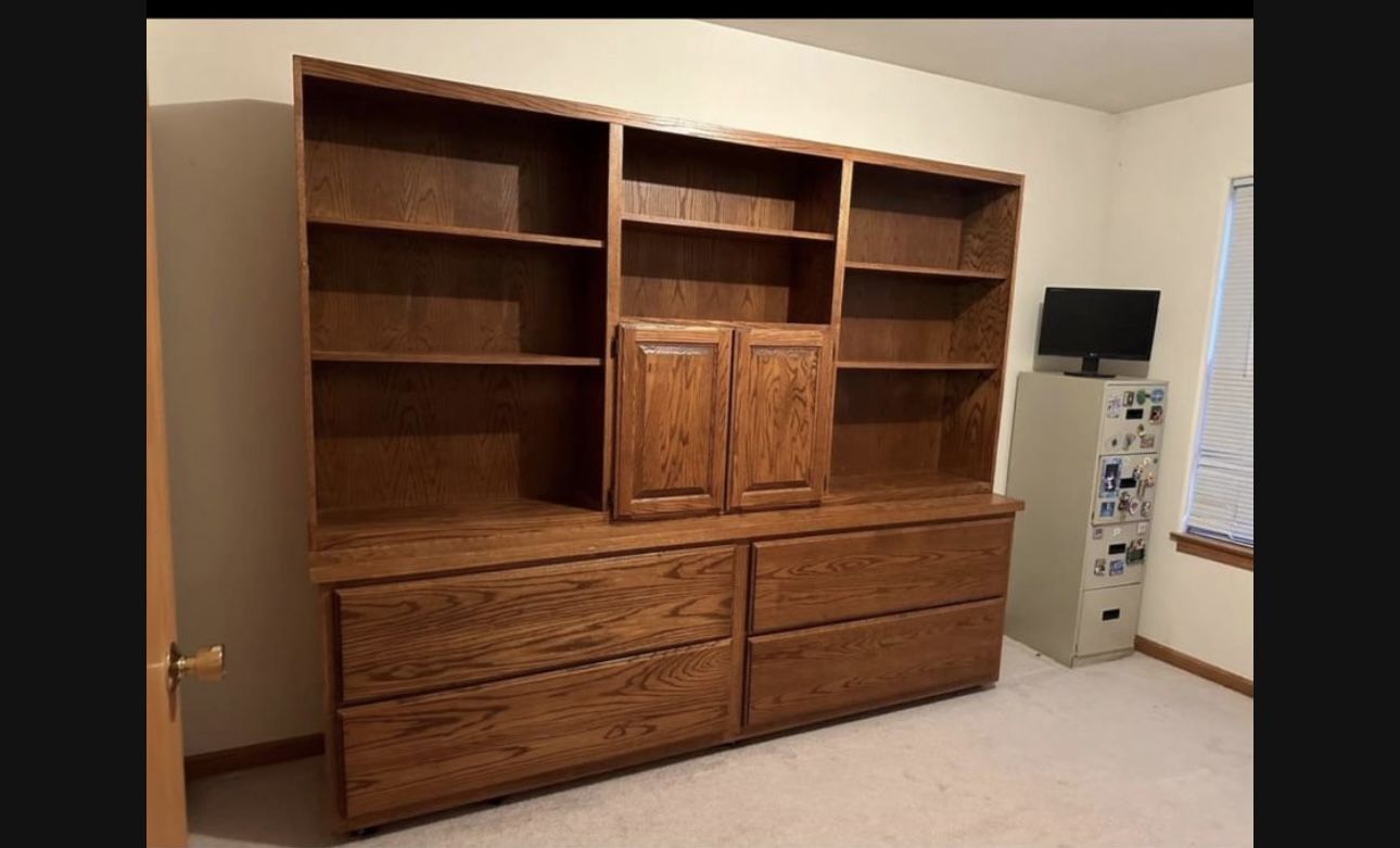 8ft Long Oak Cabinet Shelf Organization With Huge 47” Drawers