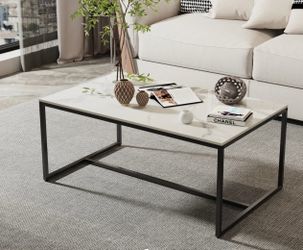 Modern Coffee Table with Marble-Top and Black Metal Frame