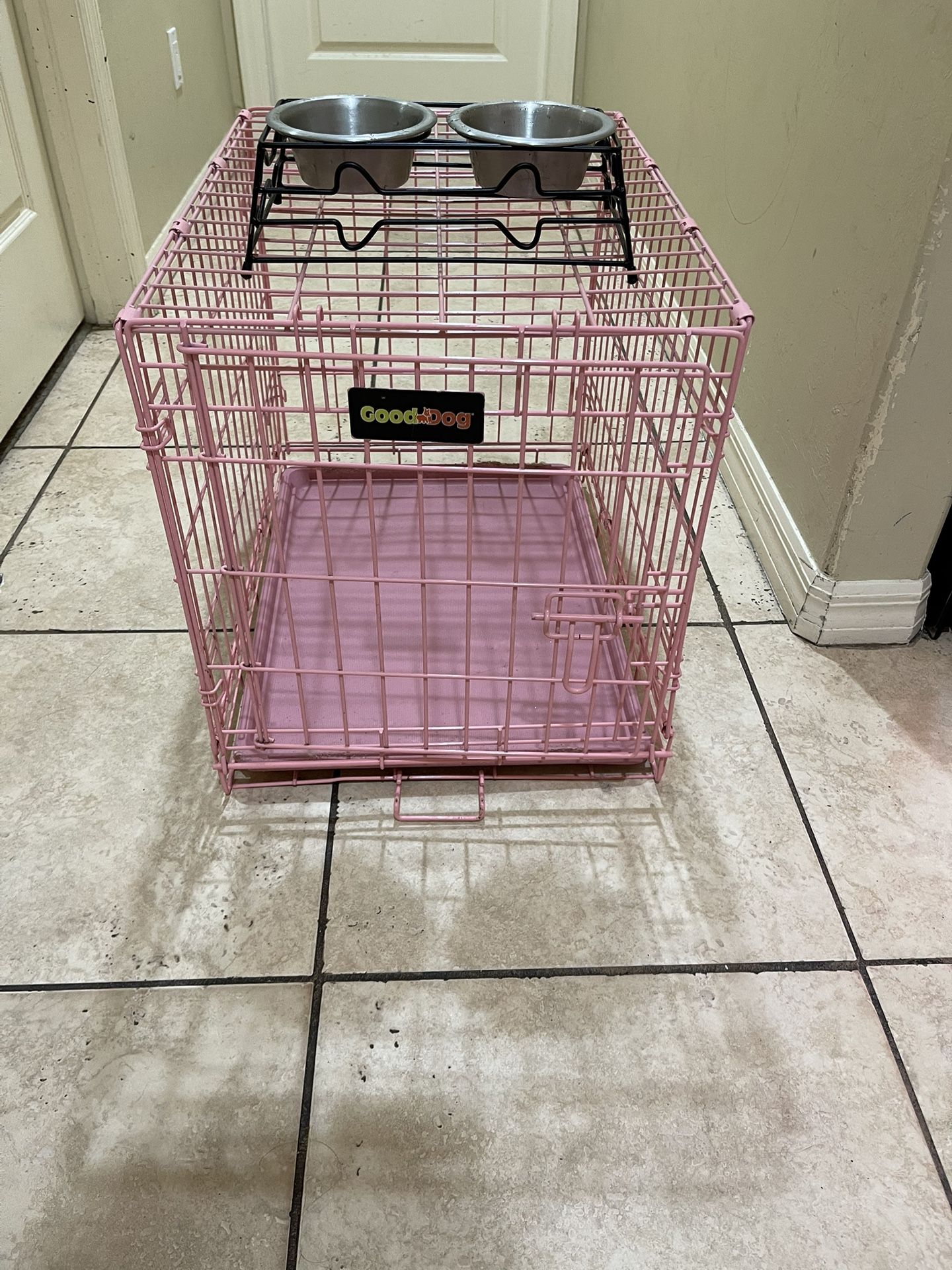 Pink Cage And Dog Bowls