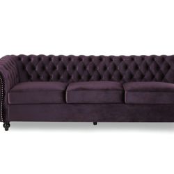 Noble House Amberside 3 Seat Velvet Tufted Chesterfield Sectional in Blackberry