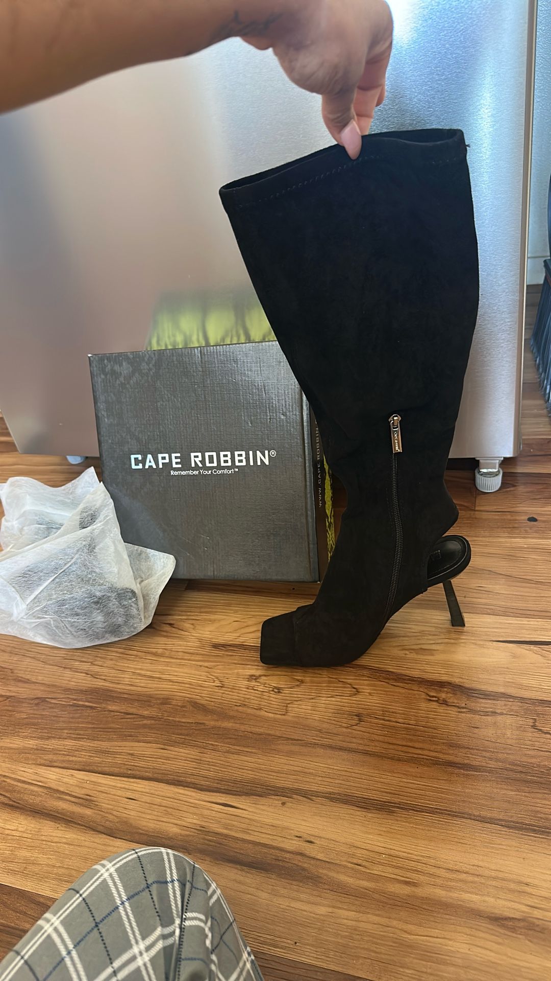 Black Knee High Faux Suede Open-Toe Boots