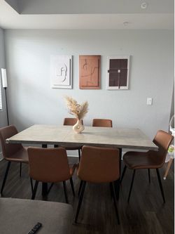 Modern Concrete Top Dining Table with 6 Brown Chairs