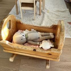 Handmade Antique Wood Baby Doll Cradle 
