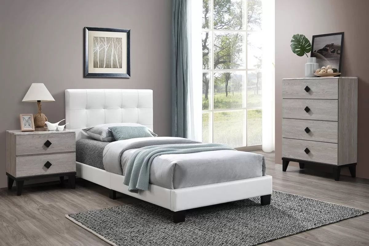 Twin Size Bed White PU Leather 