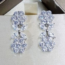 Silver Cz Diamond Floral Flower Drop Dangle Earrings Women's Gift 