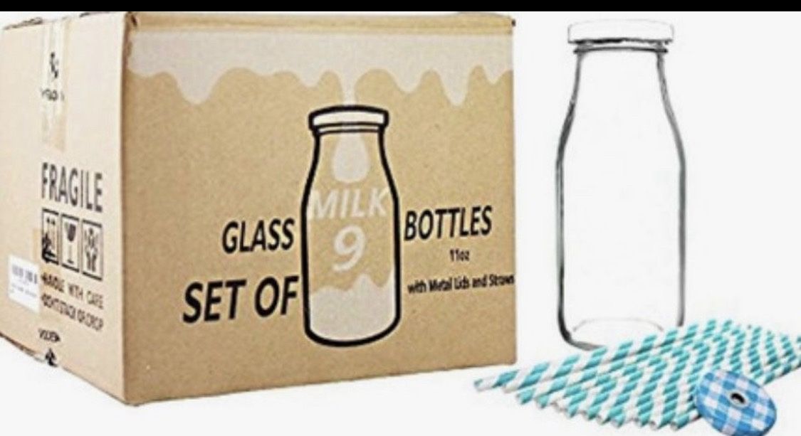 Glass milk bottles with lids and straws (9-pack). 11-ounce capacity. Reusable tumblers with lids for yogurt, water, juice, and more.