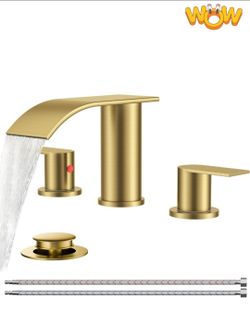 FORIOUS Upgrade Brushed Gold Bathroom Faucets 3 Hole, 8 Inch Widespread Waterfall Bathroom Sink Faucet Two Handle with CUPC Hose and Metal Pop-up Drai