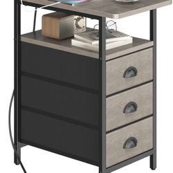 End Table with Charging Station, Side Tables Livingroom with USB Ports and Outlets,Narrow Nightstands Bedside Tables with 3 Drawers for Small Space,Sl