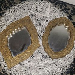 X2 VINTAGE ORNATE GOLD FILIGREE SCROLL OVAL DIAMOND ACCENT TABLE WALL MIRROR DECOR SET