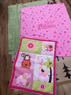 Baby Girl Blanket Set - Animal Quilt and 2 Coordinated Blankets