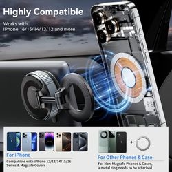 Upgraded Vacuum Magnetic Phone Holder, 360° Adjustable Dashboard Stand, Phone Mount for Car/Gym/Mirror, Compatible with iPhone & Android