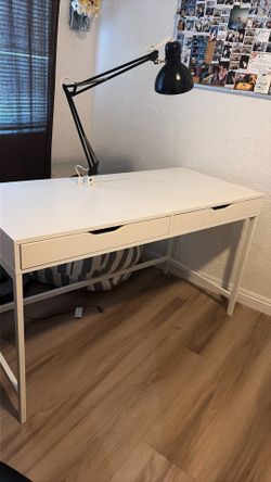 IKEA white desk with gooseneck lamp