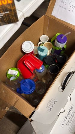 Box of glassware, cups, water bottle, etc