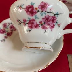 Vintage, Japanese Cherry Blossom, Porcelain Teacup and Saucer.  Made in Japan.