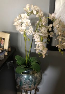 Beautiful blue silver vase and orchid