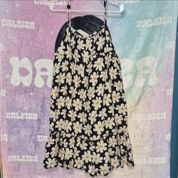 Black Daisy Print Halter Mini Dress