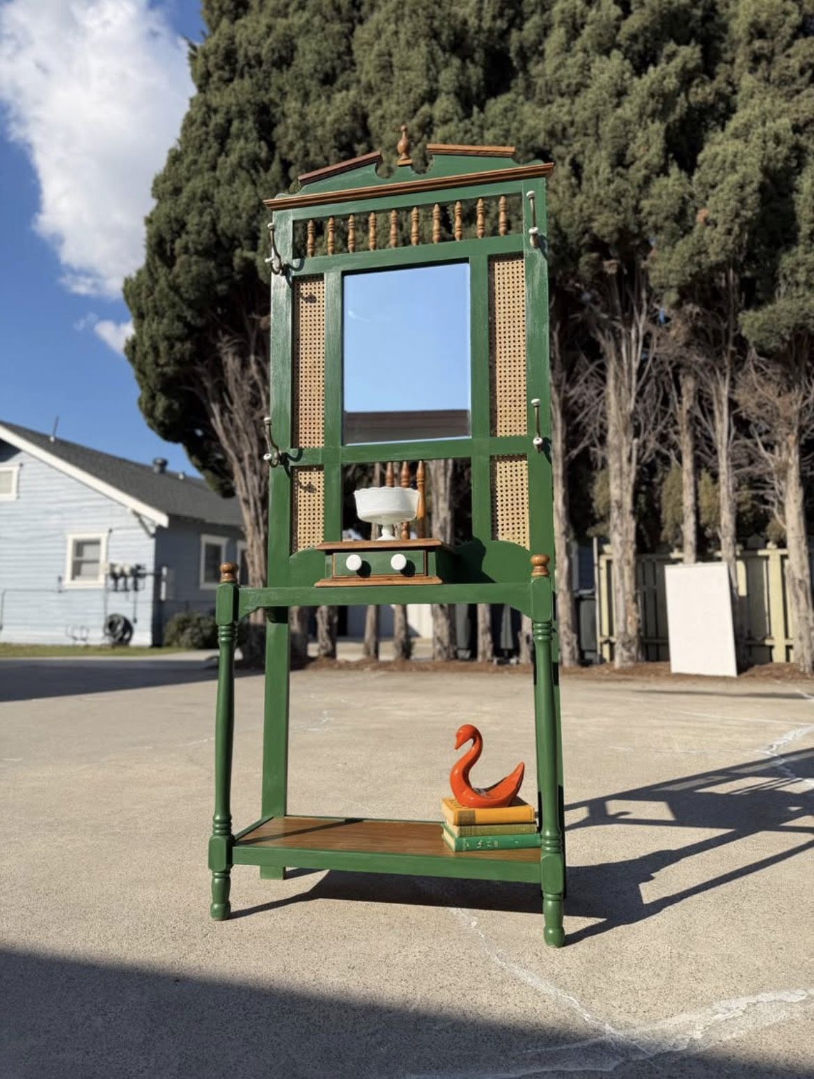 Vintage Solid Wood, Cane and Mirrored Hall Tree