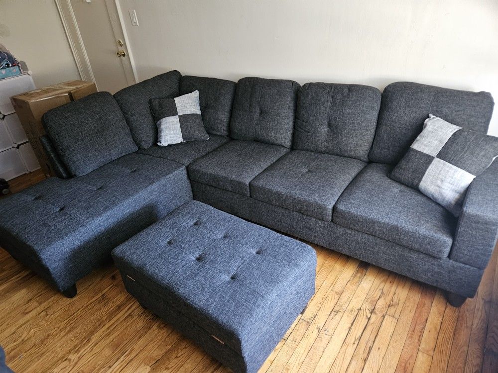 Same Day Delivery Available Black Gray Sectional With Storage Ottoman And Pillows
