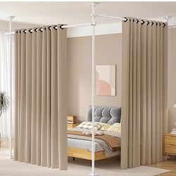 Room Divider for Separation 28-114in(W) Privacy Wall Divider, White No Drilling Curtain Rod 4-10ft(H) Adjustable, Floor to Ceiling Room Separator Free