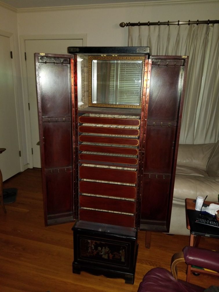 Beautiful Black lacquer oriental floor jewelry armoire