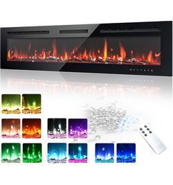 Electric Fireplace 60Inch,Realistic Flame Electric Fireplace Heater,Log Set/Crystal Flames 750-1500W with Timer Inserts/Wall Mounted/TV Stand Touch Sc