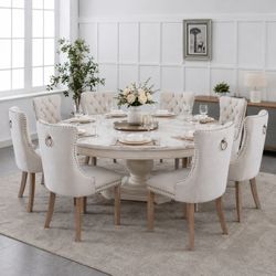 Set Of 8 - Beige Linen Tufted Dining Chairs w/ Brass Ring / Nailhead Rivets [NEW] **Assembly Req** 