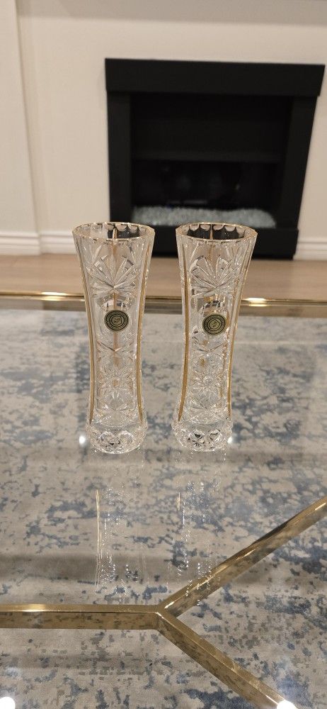 Two Brand New Hand Cut Crystal Vases with Intricate Gold Design. Made In Italy.