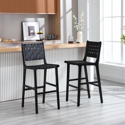 Set of 2 - Black Saddle Leather Woven Bar Chairs w/ Solid Wood Legs [NEW IN BOX]  **Retails for $299** <<Assembly Required>>