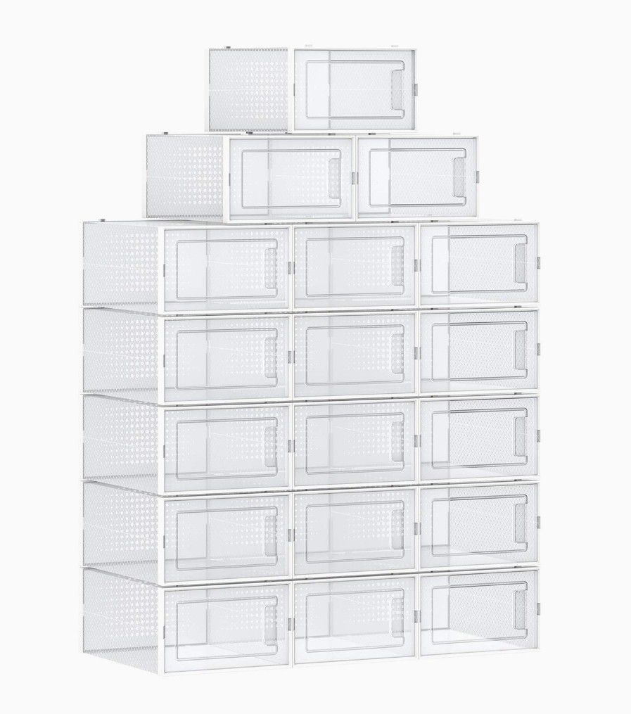 Shoe Boxes, Pack of 18 Clear Plastic Stackable Shoe Organizers, Fit up to US Size 8.5, Sneakers Boots Storage Containers, 9.1 x 13.1 x 5.5 Inches, Tra