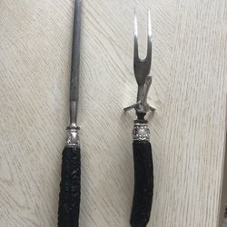 Vintage Antique Antler Handles, Sterling Silver and Stainless Steel  Meat Fork and Knife Sharpener