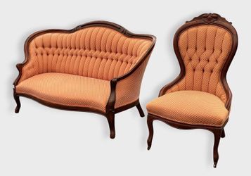 Antique Victorian Hand-Carved Parlor Set With Sofa And Matching Chair - Will Deliver