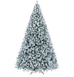 9 Ft Flocked Christmas tree with warm led lights wheel included and storage bag
