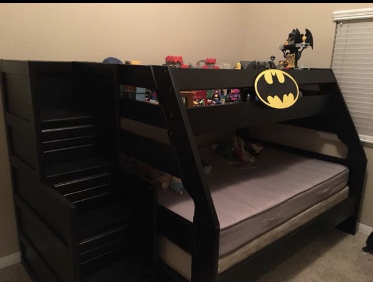 **Pending Pickup**REDUCED Batman bunk beds twin over full with drawers on staircase w/ mattress + bedding, curtains & more