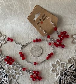 Handmade Red Glass Beaded Jewelry Set / Necklace, Bracelet and Earrings