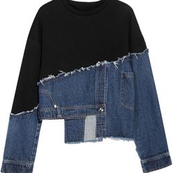 Women's Sweatshirt O-Neck Denim Spliced Asymmetric Hem Loose Tassel Washed Pullover  Size l