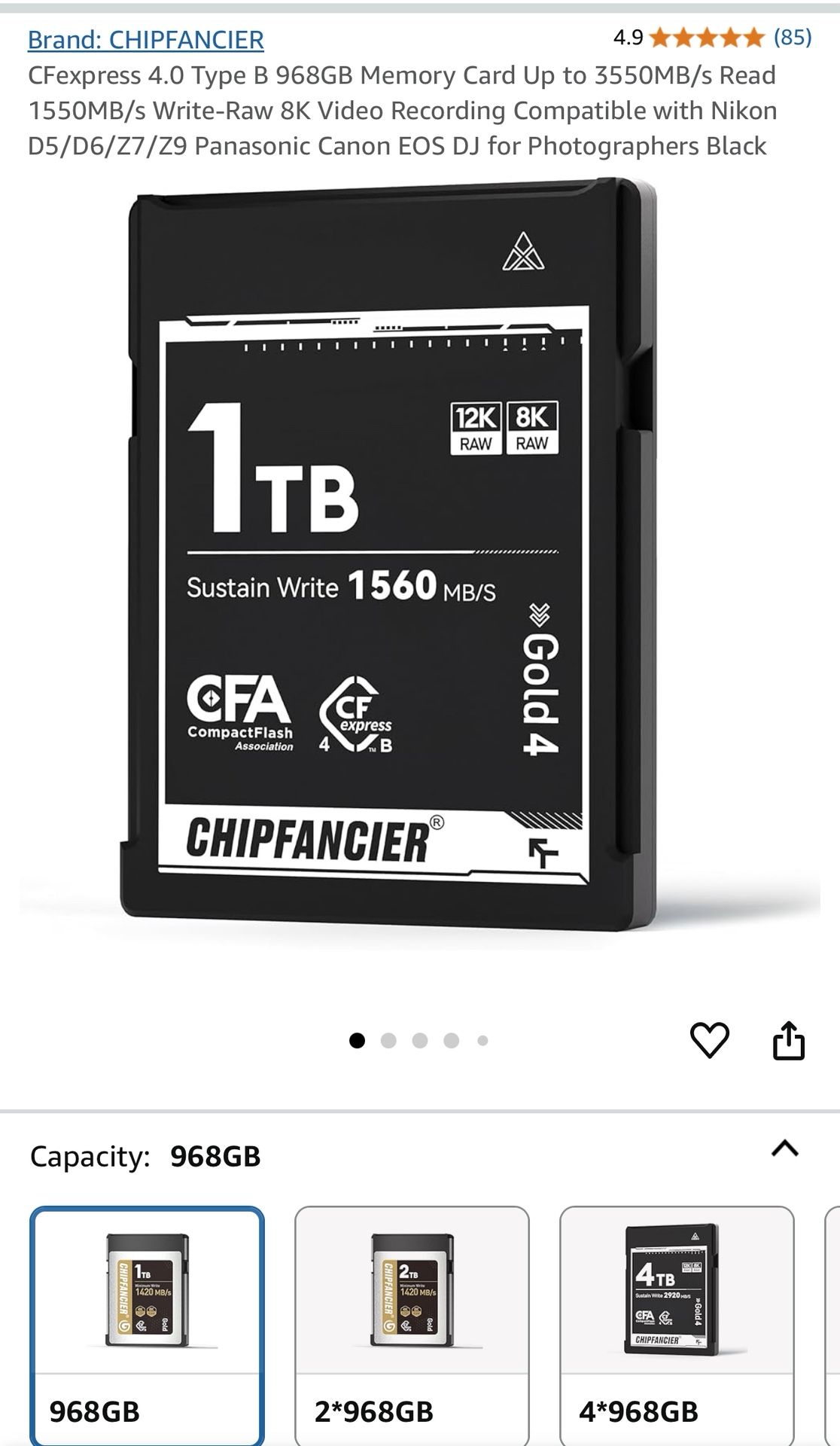 1 TB Memory Card CFexpress 4.0 Type B 968GB Memory Card Up to 3550MB/s Read 1550MB/s Write