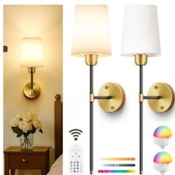 Set of 2 battery-operated wall lights, rechargeable gold wall lights with 5200mAh dimmable bulbs and remote control, 10-color wireless wall lamps for