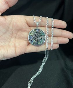 925 Sterling Silver Tetragrammaton Pentacle Pentagram Star Wiccan & Figaro Chain