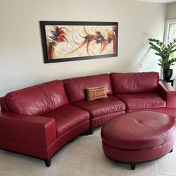 Red Leather Curved Couch + Ottoman
