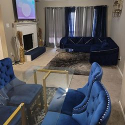 4 dining  Chairs Without Table ,With 3 Luxury Velevt Sofa   Bleu Color